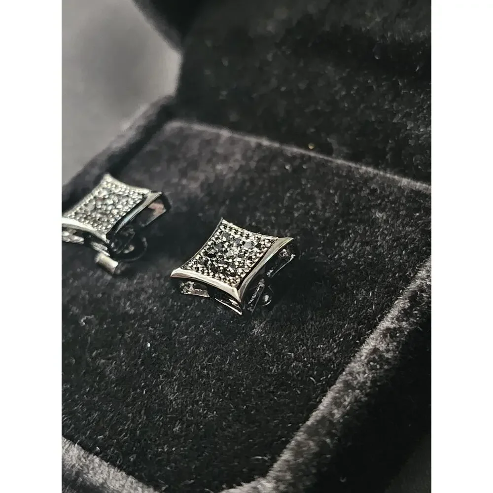 .925 Sterling Silver Black Square 7.5mm Earrings with black prong set CZs